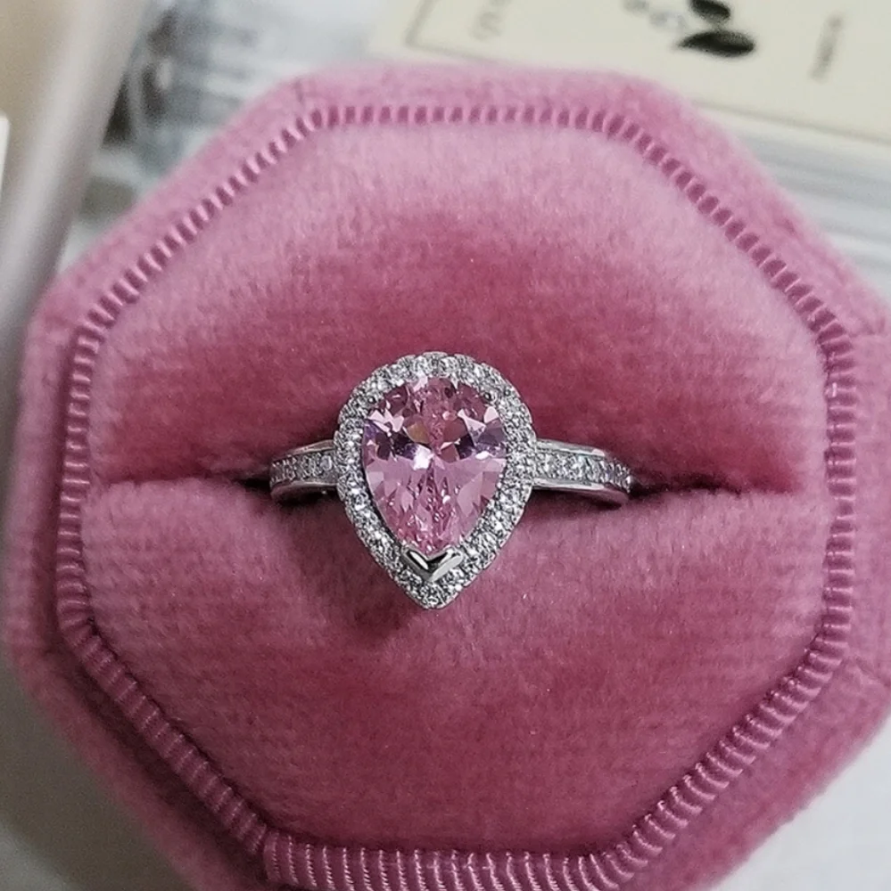 Swarovski Elements 925 Sterling Silver Pink CZ Teardrop Solitaire Ring NEW